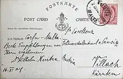 Postkarte mit Aufdruck zur 1. Ärztlichen Studienreise im Spätherbst 1908 (140 × 90 mm), Rückseite: Nachricht des Psychiaters Dr. Wilhelm Neutra (Buder von Richard Neutra) an den Militär, FML Othmar von Crusiz[39]