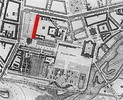 Lage des Langen Stalls (rot) und der Plantage (links daneben) im Stadtgebiet, Planausschnitt um 1850
