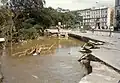 Oderhochwasser 1997: Lage kurz nach dem Abfließen des Stauwassers aus der Innenstadt; links der überflutete Stadtgraben