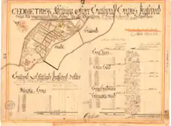 Karte der Kirche und Brücke 1701, die damalige Lage der Brücke ist braun markiert, die heutige schwarz.