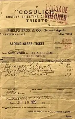 Fahrkarte 2. Klasse für $ 405 (+ $ 15 Steuern), Boston-Neapel mit der Presidente Wilson am 8. August 1928, ausgegeben von Phelps Bros. & Co. in NY City (126 × 197 mm)