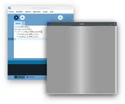 Editor der Processing IDE mit Quellcode und dazu generierter Bildausgabe.