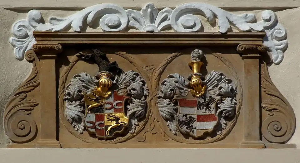 Allianz-Wappen Proskau (links) und Lobkowitz (rechts) in Oppeln