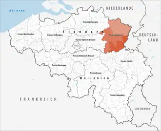 Lage der Provinz Limburg innerhalb Belgiens hervorgehoben