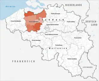 Lage der Provinz Ostflandern innerhalb Belgiens hervorgehoben