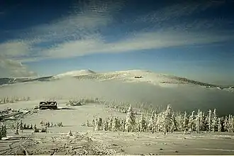 Blick von der Kleinen Sturmhaube auf den Spindlerpass im Januar 2005.