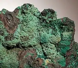 Klassische traubig-nierige Pseudomalachit-Aggregate aus der Lagerstätte Mednorudjanskoe bei Nischni Tagil im Ural, Russland (Größe: 4,3 cm × 3,7 cm × 2,2 cm)