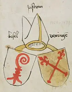 Wappen des Bistums Basel unter Bischof Johann V. von Venningen, r. 1458–1478, aus dem Wappenbuch des St. Galler Abtes Ulrich Rösch (1474)