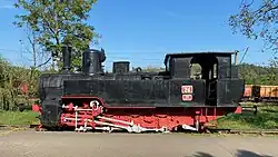 Rumänische Dampflokomotive CFU 28 im Freilicht-Dampflokomotiven-Museum Reșița, fotografiert von links