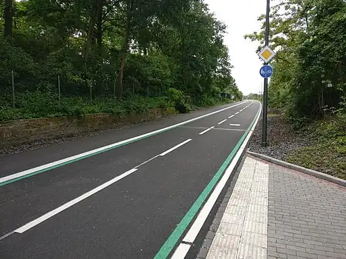 Zu sehen ist eine asphaltierte Fahrbahn mit grünen und weißen durchgezogenen Linien am Rand und einer gestrichelten Linie in der Mitte, zudem ist links der linken durchgezogenen Linie Platz als Fußweg