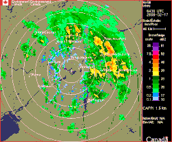 CAPPI mit einer Reflektivitätsanzeige einer Höhe von 1,5 km von Montreal (Environment and Climate Change Canada)