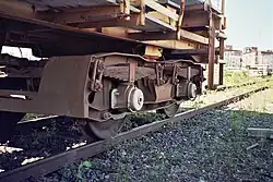 Eine geschichtete Blattfeder pro Radsatzlager, gleitende Führung in Radsatzhalter (Güterwagendrehgestell)