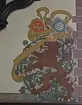 Rathaus St. Johann; Festsaal; Wandmalerei; Schreitende, gekrönte Löwen mit den Wappen der Bergleute und Maschinenbauer