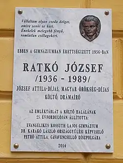 Das Bild zeigt eine metallische Gedenktafel, die an eine gelbe Wand genagelt wurde.