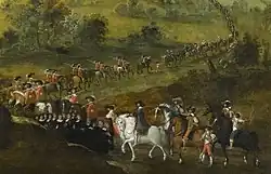 Musketiere Kardinal Richelieus mit roten Kasacks bei der Kapitulation von Montauban 1629, Detail eines Gemälde aus der Schlachtengalerie des Château de Richelieu (Mitte der 1630er Jahre bis 1640)