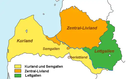 Grafische Landkarte von Lettland mit farbig markierten Regionen Kurland, Semgallen, Oberlettland, Zentral-Livland und Lettgallen.