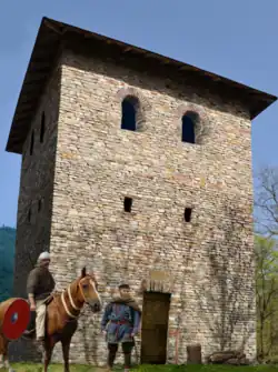 Bacharnsdorf (Wachau): Rekonstruktions- versuch des Burgus (Stand 1985), Ansicht von Nord-Ost