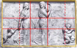 Modernes (?) Relief mit zwei Mädchengestalten und Silen, vermutlich 18. Jahrhundert.