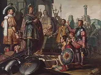 Historiengemälde mit Selbstporträt des Malers, Öl auf Eichenholz, 90,1 × 121,3 cm, 1626, Museum De Lakenhal, Leiden