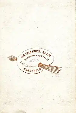 Revers CdV Malerpalette für Adressangaben; Atelier Reutlinger Sohn, Elberfeld, Königstraße; Lithograf unbekannt, um 1870.