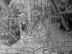 Brasse mit dem Abbild von Richard Fortescue († 1570) in der Kirche von Filleigh. Das Wappen der Trewins aus Weare Giffard ist in der 4. Vierung des Wappenschildes auf der rechten Seite zu sehen: Silber auf einem grünen Band zwischen sechs roten Kleeblattspitzkreuzen drei goldene Krummstabköpfe