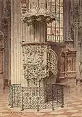 Richard Moser: Die Pilgramkanzel im Stephansdom. 1916, Aquarell auf Papier, 16 × 11,5 cm