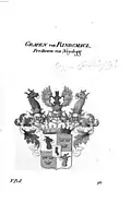 Grafenwappen derer von Rindsmaul nachdem Ferdinand Ehrenreich von Rindsmaul Name und Wappen seines Taufpaten und Adoptivvaters Ferdinand Raimund Freiherren von Neidegg übernahm (2. Dezember 1728), nach Tyroff AT
