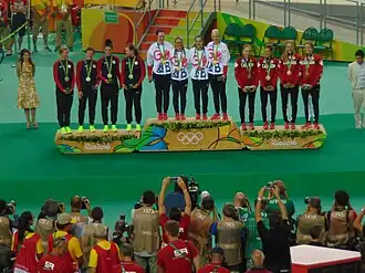 Siegerehrung in der Mannschaftsverfolgung 2016: rechts Kanada mit Bronze, links die USA mit Silber, in der Mitte Großbritannien mit Gold