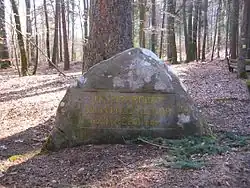 Fernwanderweg (Markierung rechts im Bild) im Bereich der Luitpoldlinde innerhalb der Waldgemarkung von Elmstein