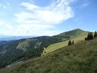 Blick vom Brendlstall (li. u.) nach Westen auf den Roßbachkogel