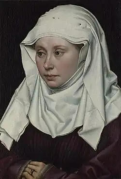 Robert Campin (ca. 1375–1444), Porträt einer Frau, 1430–1435, National Gallery, London. Rogier van der Weydens Stil beruht auf dem des alten Meisters.[34]