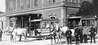 Roesslitrams vor dem Badischen Bahnhof in den 1890er-Jahren