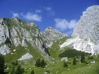 Links Rote Flüh, in der Bildmitte die Judenscharte und rechts Gimpel