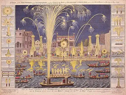 Königliches Feuerwerk und Illumination in Whitehall und auf der Themse am 27. April 1749, zum Aachener Frieden. Für diesen Anlass schrieb Händel die berühmte Feuerwerksmusik.