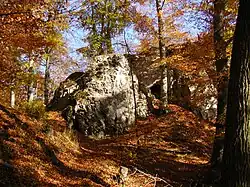Halbrunder Mauerrest am Fuß des Burgfelsens