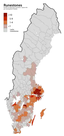 Verbreitung von Runensteinen (pro km²) in Schweden