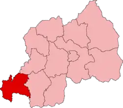 Lagekarte der ehemaligen Provinzen Ruandas mit Vorhebung der Provinz Cyangugu im äußersten Südwesten