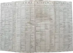 Doppelfolioseite „Caroli Linnæi Regnum vegetabile“ mit der tabellarischen Darstellung des Pflanzenreiches