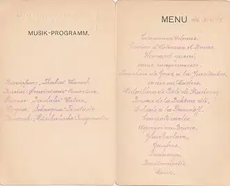 Musikprogramm und Speisefolge eines Kapitänsdinners vom 15. April 1909 an Bord der SS Thalia des Österreichischen Lloyd