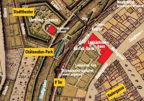 Urkataster von 1864. Altstadt Bereich Wolfsgasse/Hadergasse mit Lebküchnerhaus. Weiße Schrift: auf Urkataster eingezeichnet. Schwarze Schrift: heutiger Bestand