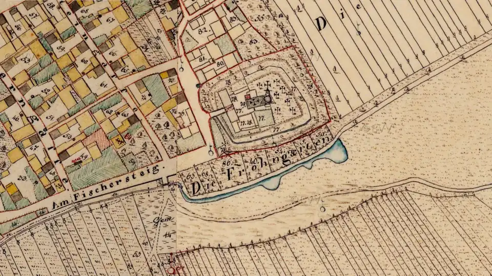 Lage der ehemaligen Oberndorfer Wasserburg (Bildmitte, rot umrandet) auf dem bayerischen Urkataster aus der 1. Hälfte des 19. Jahrhunderts