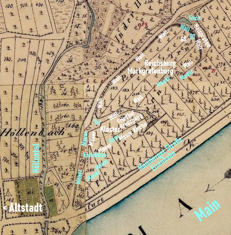 Peterstirn. Hellblau: Heutiger Bestand, einschließlich Sattlerscher Bauten von 1874. Weiß: Abgegangene Orte nach Plan von R. Röthlein (1990).[1] Eingetragen auf dem Urkataster aus dem 19. Jahrhundert. BT = Beerhüterturm. GS = Grabungsschnitt mit Mauer und Turm. Die einstige Altstadt lag einen halben Kilometer mainabwärts