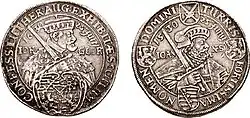 Gedenktaler 1630, auf das Jubelfest der Übergabe der Augsburger Konfession. Vs. Johann Georg I., Rs. Johann der Beständige, Münzstätte Dresden. Beide Kurfürsten sind im Kurornat mit geschultertem Kurschwert dargestellt.