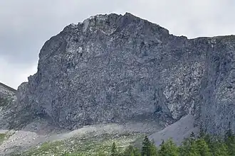 Detail des vorigen Bildes: Die „polierten“ Flächen am Ostteil der Schaufelwand sind durch den Bergsturz entstandene Harnische.