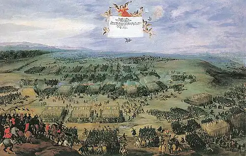 Schlacht am Weißen Berg (1620); auf beiden Seiten sind von Musketieren umgebene Pikeniere erkennbar (Spanische Ordonnanz)
