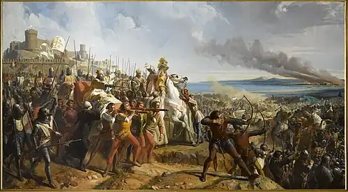 Die Schlacht von Montgisard, 1177. Historien-Gemälde von Charles Philippe Larivière (1798–1876)