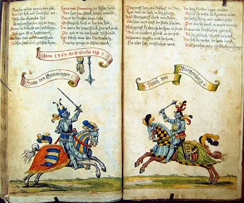 Zwei Ritter mit Helmzier im Zweikampf. Besonders schön herausgearbeitet der heraldische Zweck