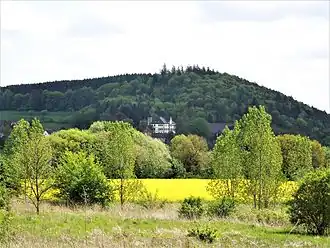 Blick von Nordosten auf den Hardtkopf mit dem Schloss Elberberg auf dem Übergangsbereich zum Steinbühl