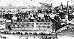 Schloss Freudenthal von 1565, als Ruine in einem Ausschnitt des Merian-Stiches von Uslar