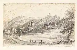 Schloss Halbenstein und Ruine Ruggburg, Zeichnung von Johanna von Isser Großrubatscher, ca. 1827
